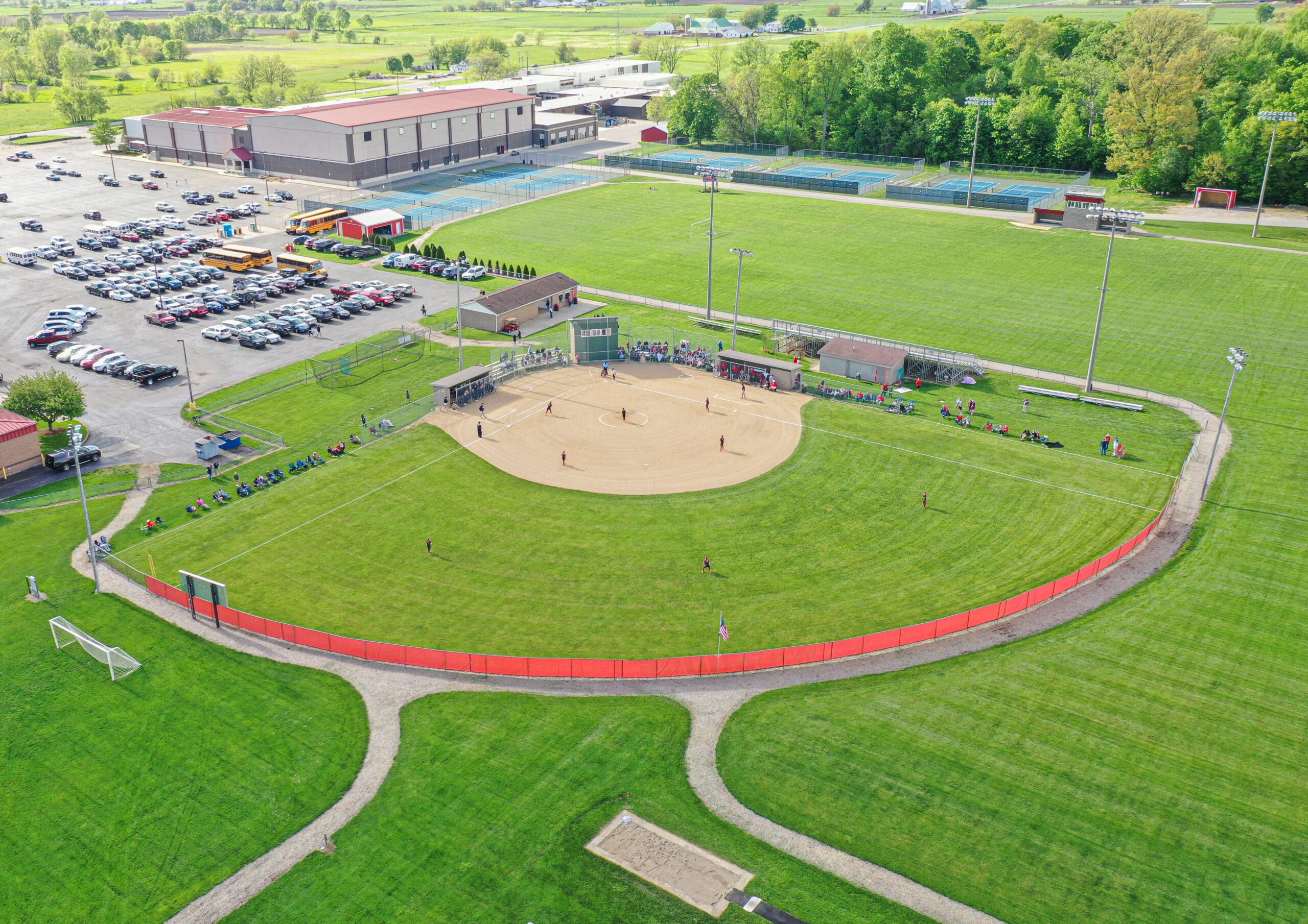 Green baseball court ready for a match, aerial